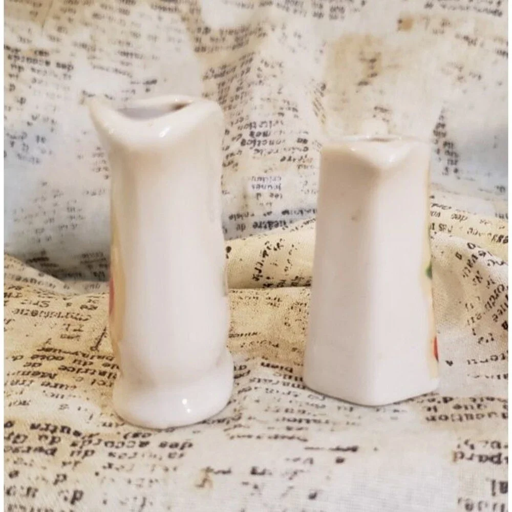 Artsy, Colorful - 2 White Vintage Miniature Pitchers w/ Fruit and Floral Details